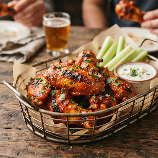 Canasta de alitas al carbón bañadas en salsa, con apio, zanahoria y aderezo ranch