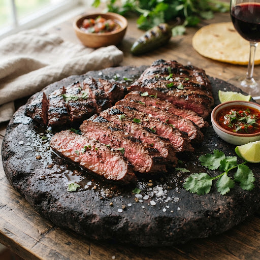Arrachera marinada rebanada sobre una plancha de piedra, con limón y cebollitas