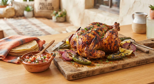Pollo asado entero sobre una tabla de madera, con cebollitas, chiles asados, tortillas y salsa